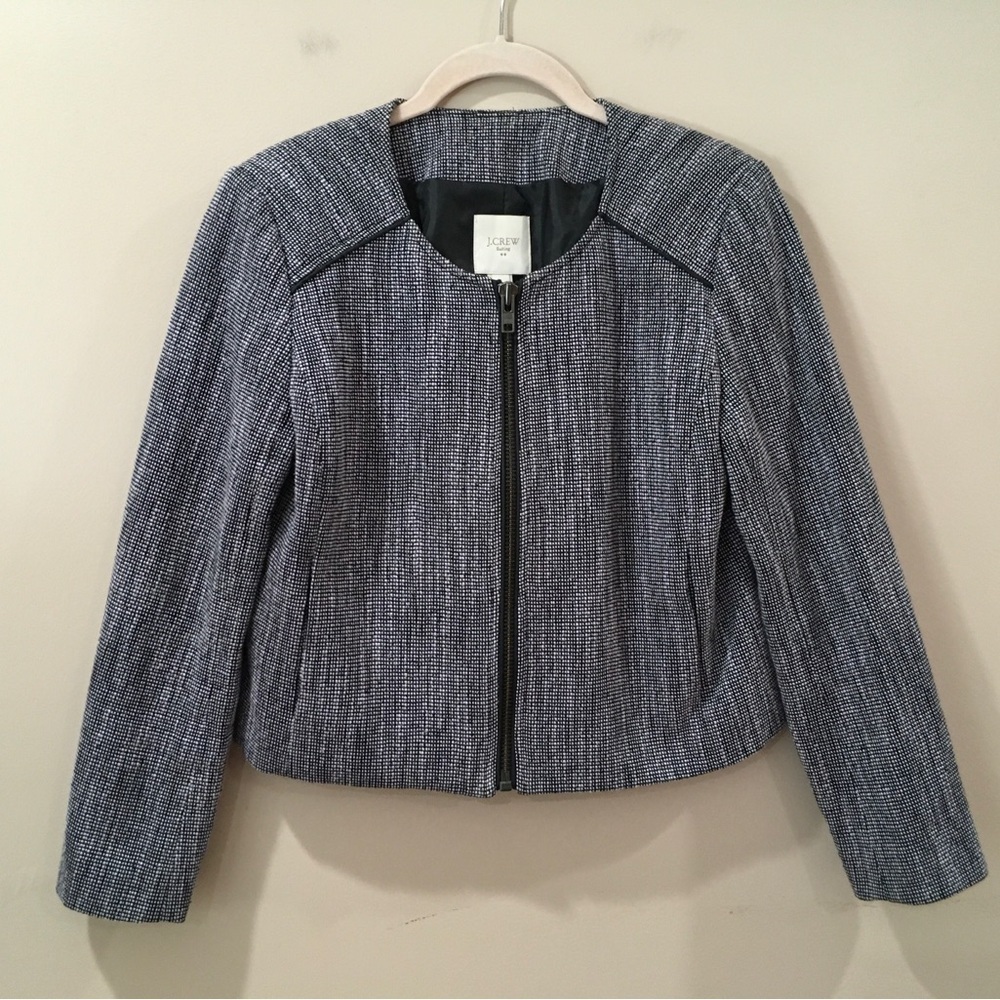 J.Crew jacket Suiting Women 4 Tweed Cropped  Black White Zip Lined Work E5886